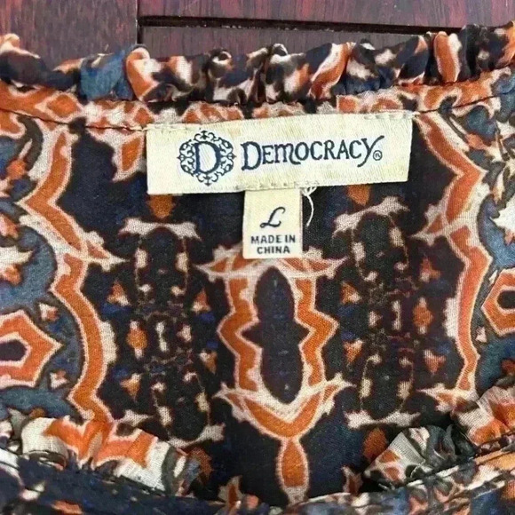 Democracy Women’s Boho Tie Front Tunic Top 3/4 Sleeve Sheer Shirt Blouse Size L - Picture 2 of 8